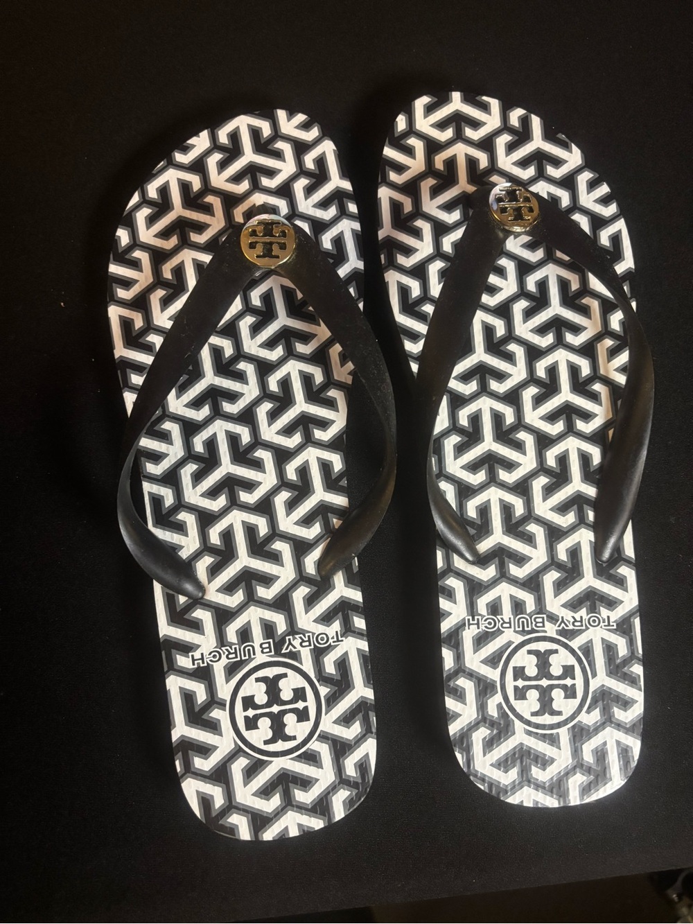 Tory Burch Black & White Logo Flip Flop Sandals